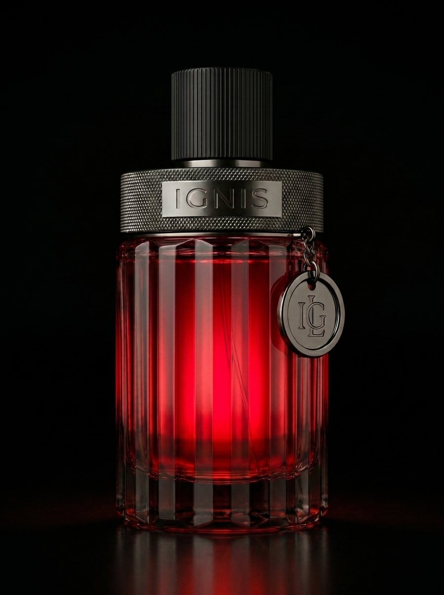 Perfume IGNIS Crimson de cristal rojo, generado con IA
