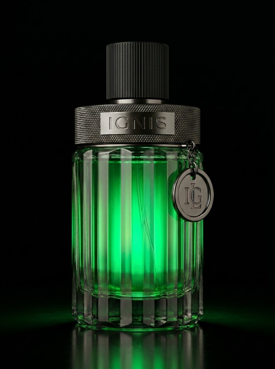 Perfume IGNIS Verde de cristal esmeralda, generado con IA
