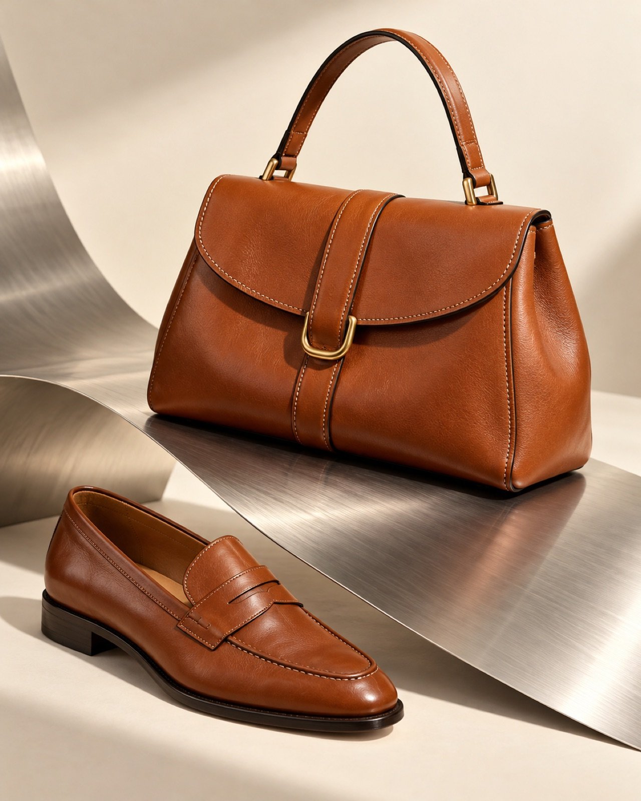 Bolso y mocasín cognac — fotografía de producto con inteligencia artificial